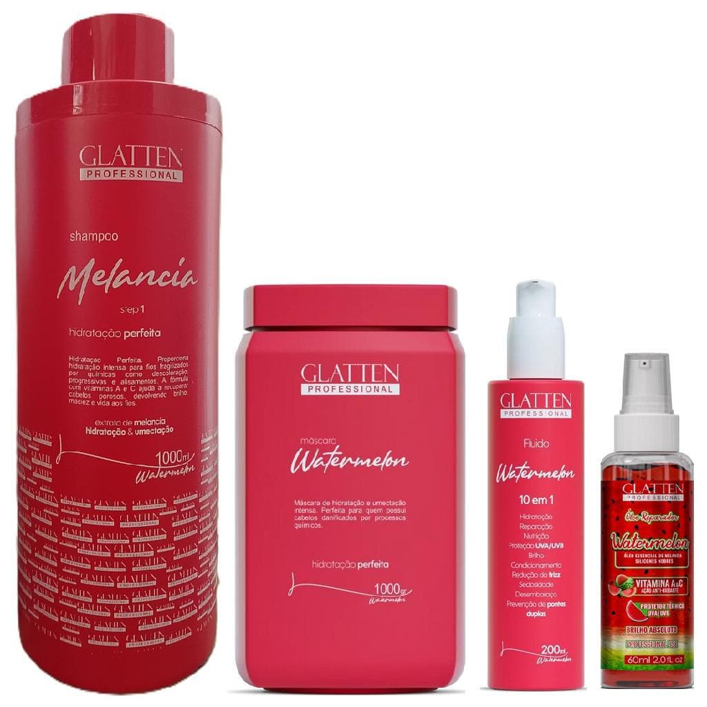 Glatten Watermelon Shampoo 1 L e Máscara 1 Kg e Leave-in e Óleo