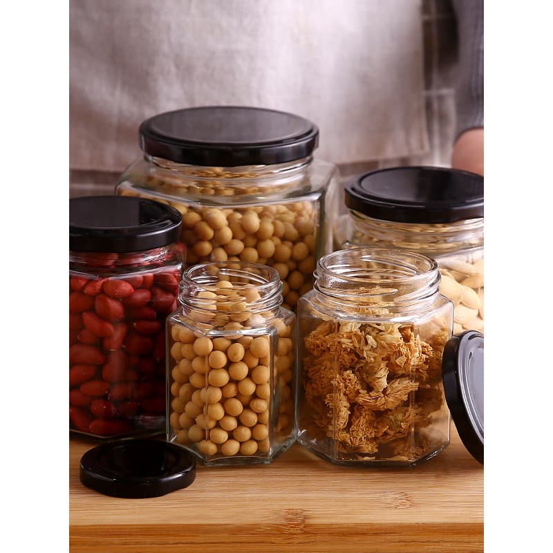 Frasco de vidro hexagonal de qualidade alimentar com tampa, molho de pimenta, frasco selado, pasta de mel e limão, peque