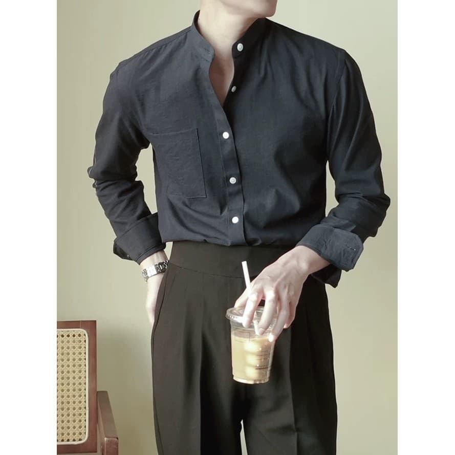 Camisa francesa de linho de algodão com gola alta masculina, camisa de trabalho Casual de manga comprida para negócios