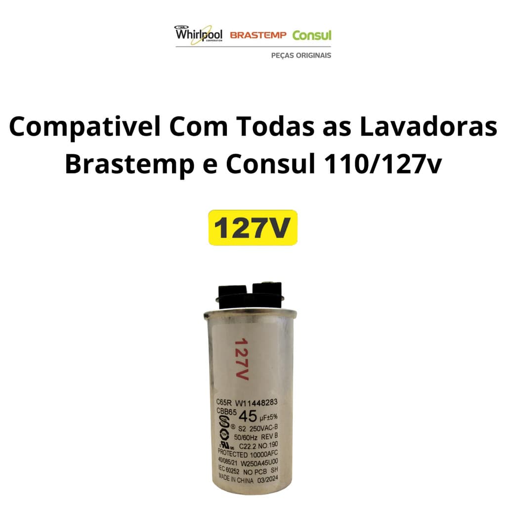 Capacitor Para Máquina de Lavar  Brastemp Consul Original 45uf 127V Bwl11 Bwg11 Cwc24 Cwc10  Bwk11