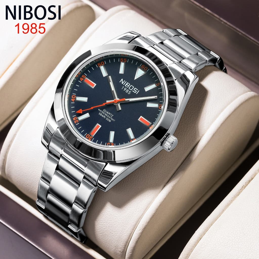 O relógio de quartzo masculino de luxo da NIBOSI possui pulseira de aço inoxidável e visor de data luminoso