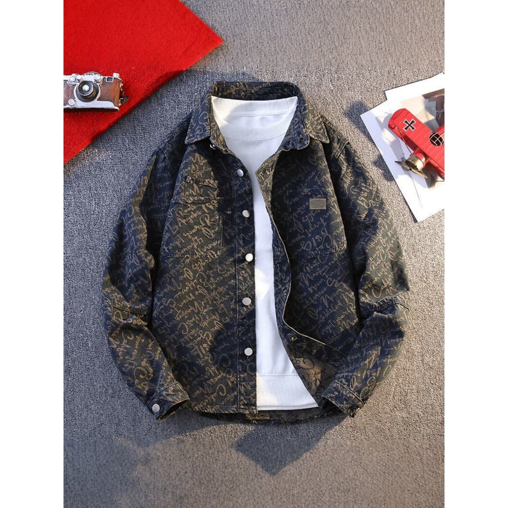 2026 primavera fina camisa jeans jaqueta meninos Street Wear Retro Jacquard Casual camisa de manga comprida jaqueta de t