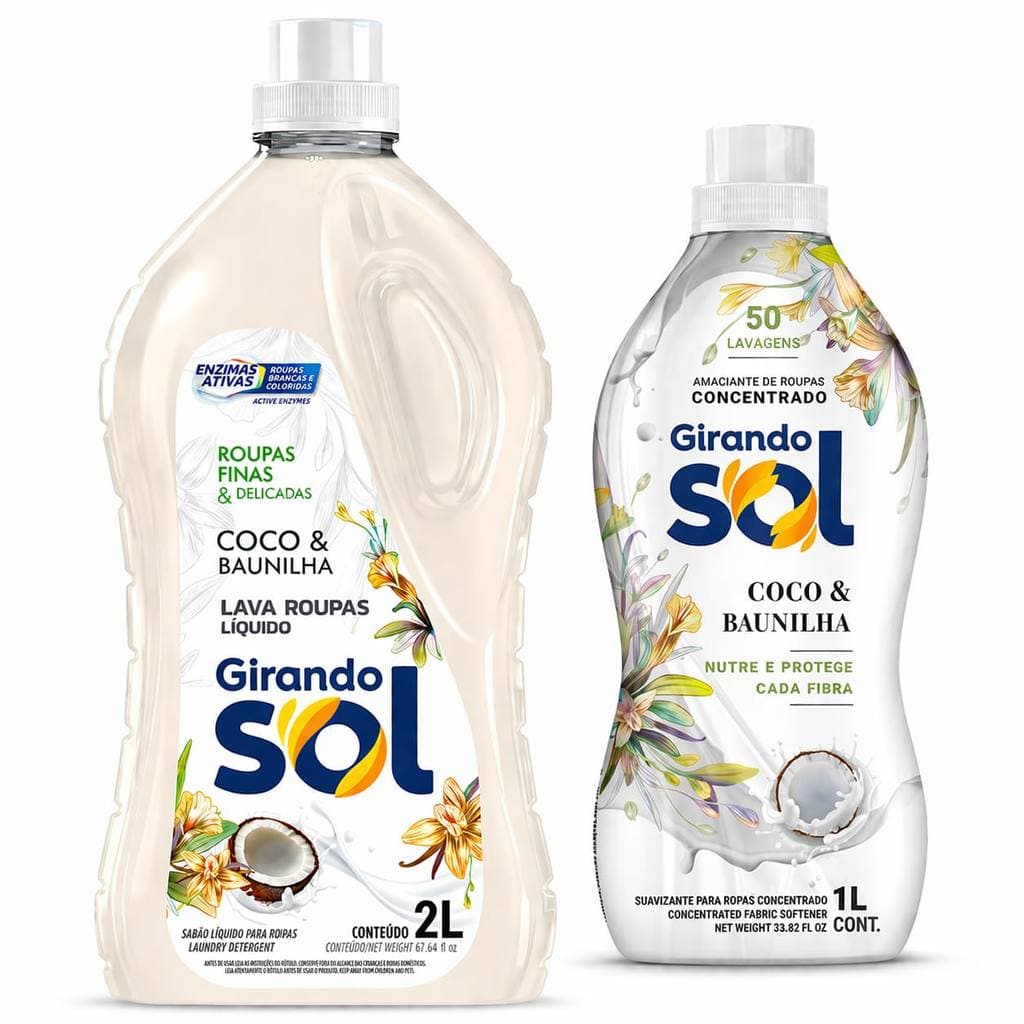 Kit Lava Roupas Liquido 2L + Amaciante Concentrado Coco Baunilha Girando Sol Casa Roupas Delicadas