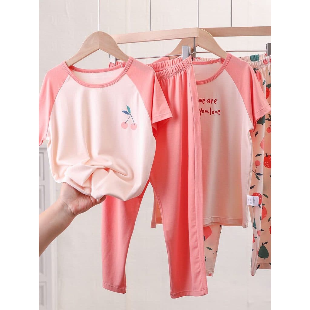 Conjunto de pijamas infantis de algodão Modal primavera verão meninas manga curta estilo fino roupas para casa médio gra