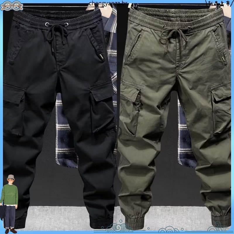 Breathable Polyester Pants Plus Size Men's Cargo Drawstring Elastic Waist Loose Multi Pockets Solid Color -Daily Sports