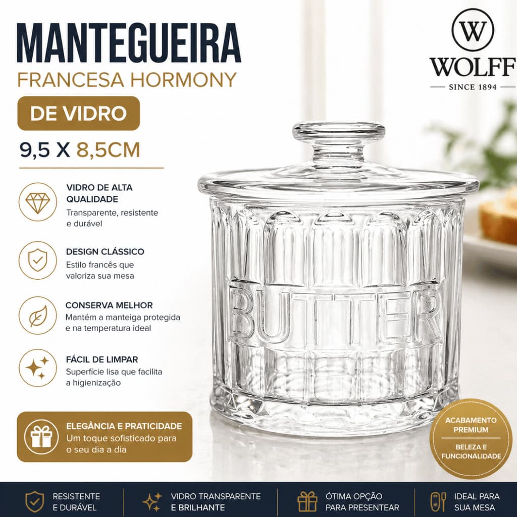 Manteigueira Francesa Hormony de Vidro 9,5x8,5cm - Wolff / Mesa Cafe Servir Louca Decoração Luxo Elegante