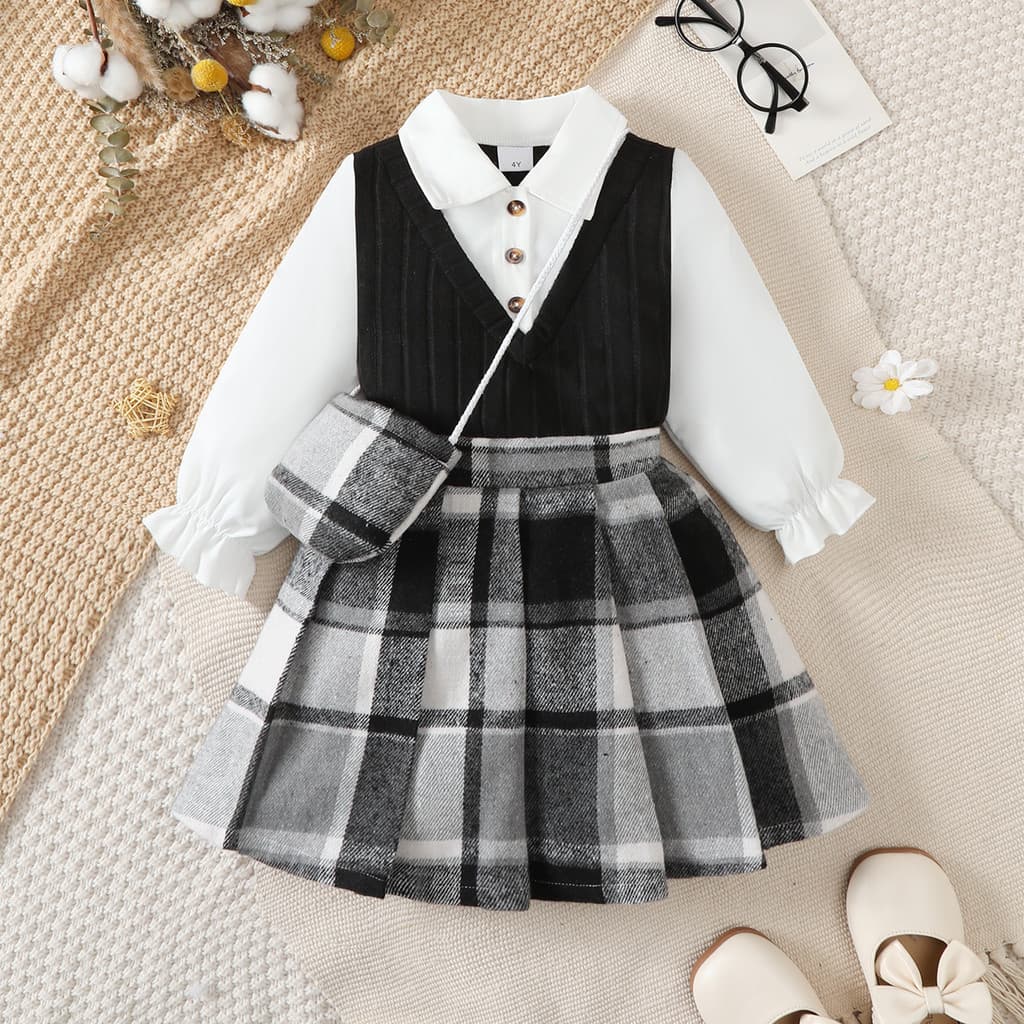 Vestido Feminino Para 4 A 7 Anos , Top De Manga Comprida Estilo Colete De Malha + Saia Xadrez Plissada Conjunto De 2 Peç