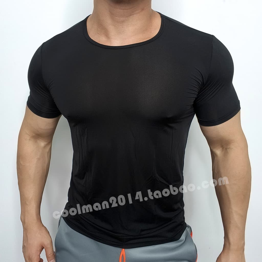 Verão refrescante leve masculino gelo seda de manga curta malha de secagem rápida respirável sedoso Semi-transparente Fi
