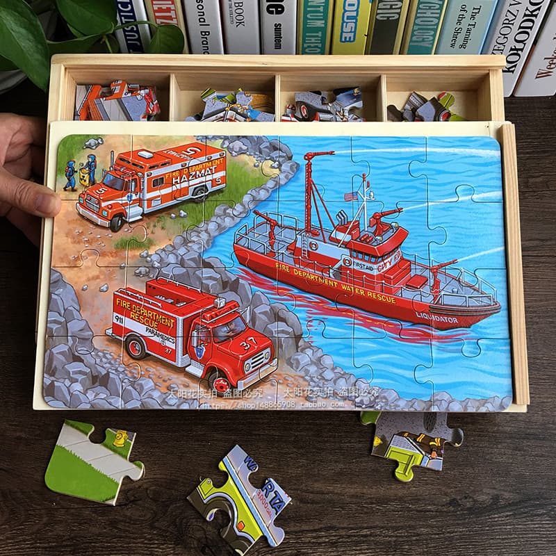 Crianças 24 peças grande peça quebra-cabeça de madeira menino caminhão de bombeiros quebra-cabeça encaixotado brinquedos