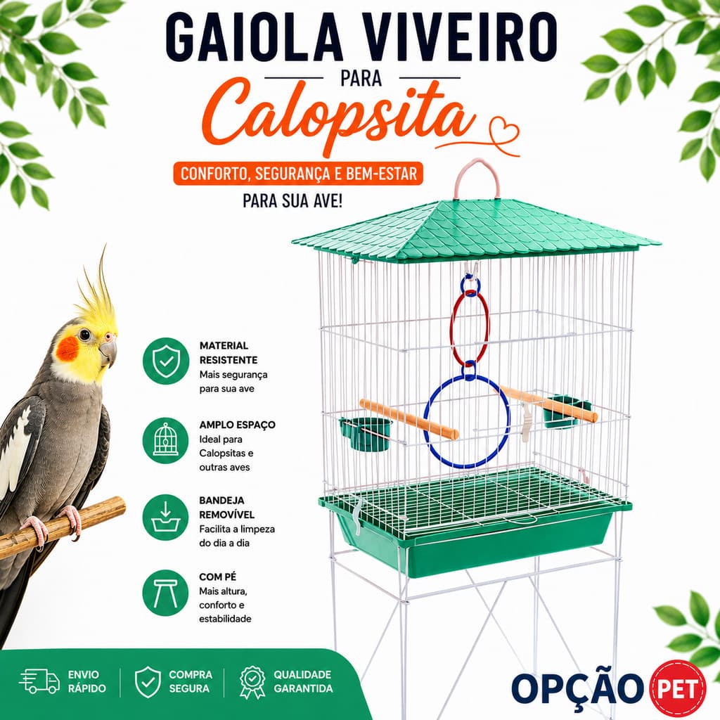 Gaiola Viveiro para calopsita + ACESSÓRIO UM JOGO DE ARGOLA COLORIDA mansa teto plástico na cor Verde Tiffany - OPÇÃOPET