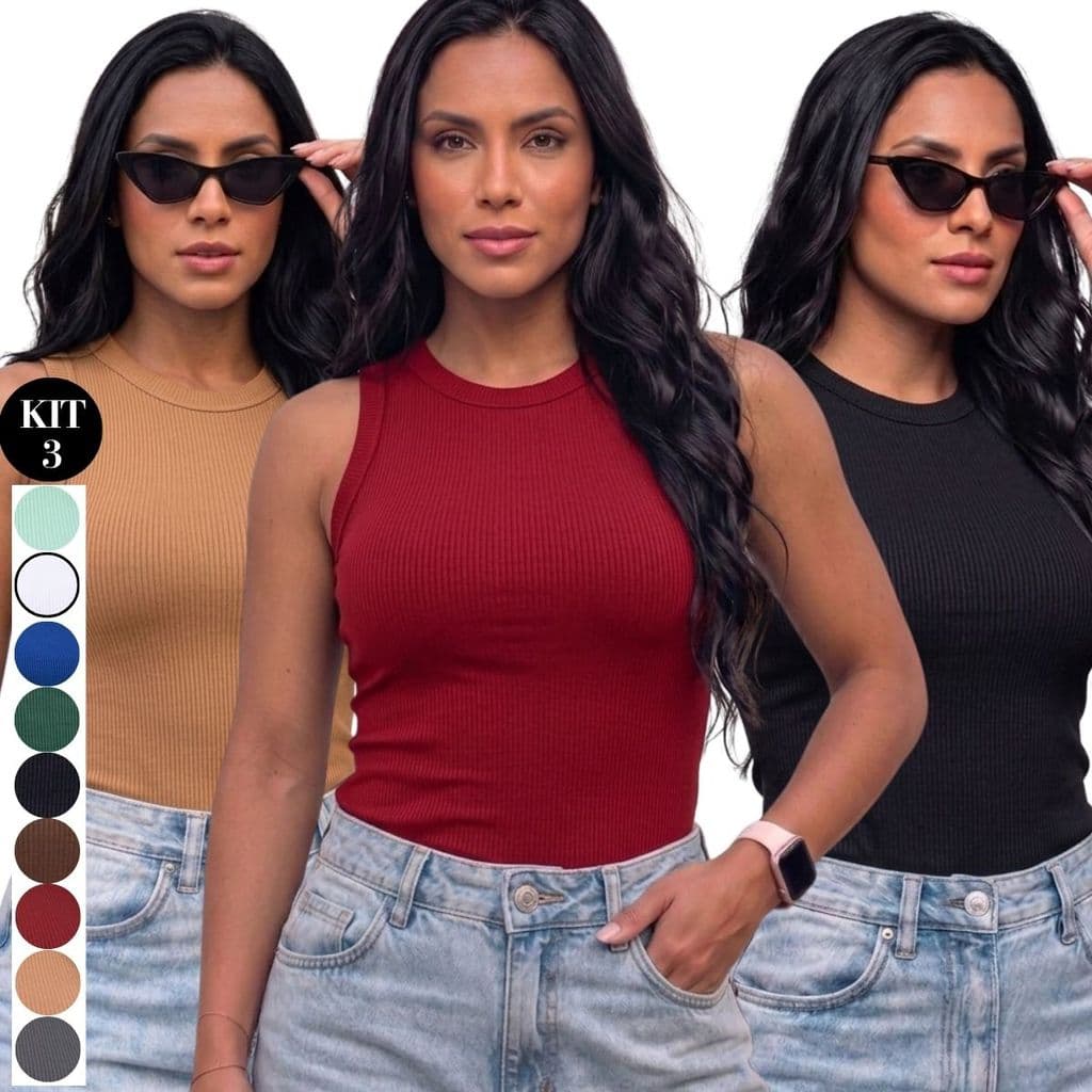 Kit 3 Regata Feminina Canelada Ribana Confortável Sem Transparência Moda Atual Feminina