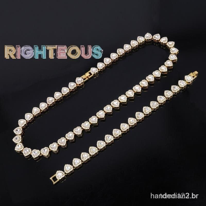 Pulseira de Corrente de Tênis Hip-Hop de 45cm, Colar Brilhante em Forma de Coração com Strass CZ, Joias de Festa Rock Fa
