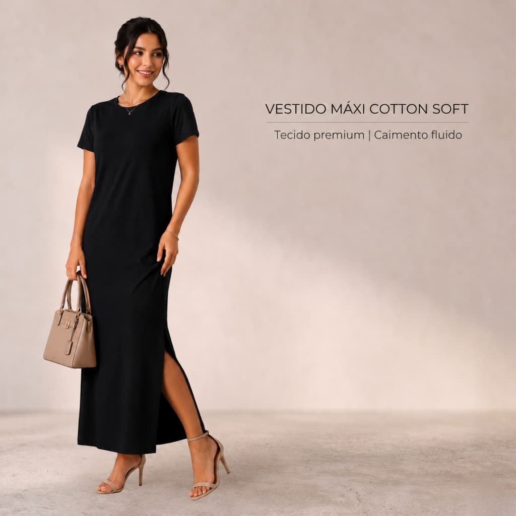Vestido longo maxi elegante e discreto para festa com mangas curtas e fenda lateral
