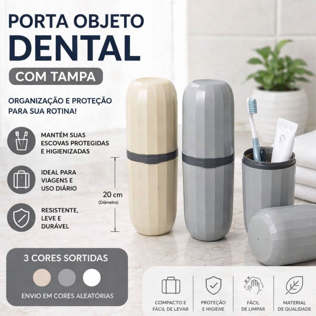 PORTA OBJETO / ESCOVA / ESTOJO DENTAL DE PIA DE PLASTICO REDONDO COM TAMPA 20X6CM