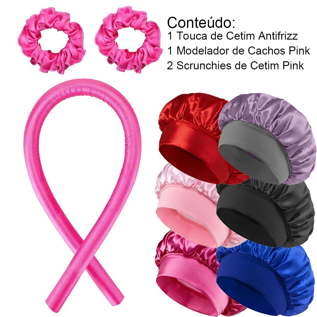 Kit Capilar Cetim - Touca Antifrizz + Modelador de Cachos Pink com 2 Scrunchies