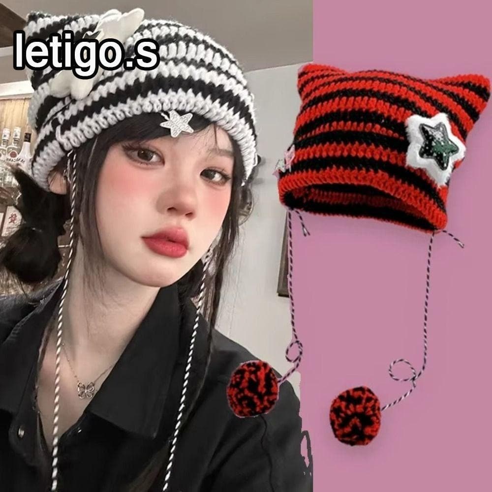 Gorro Y2K , Chapéu Y2K Bonito Listrado Estrela Diabo , Chapéus Femininos Orelha Do Gato Outono Inverno