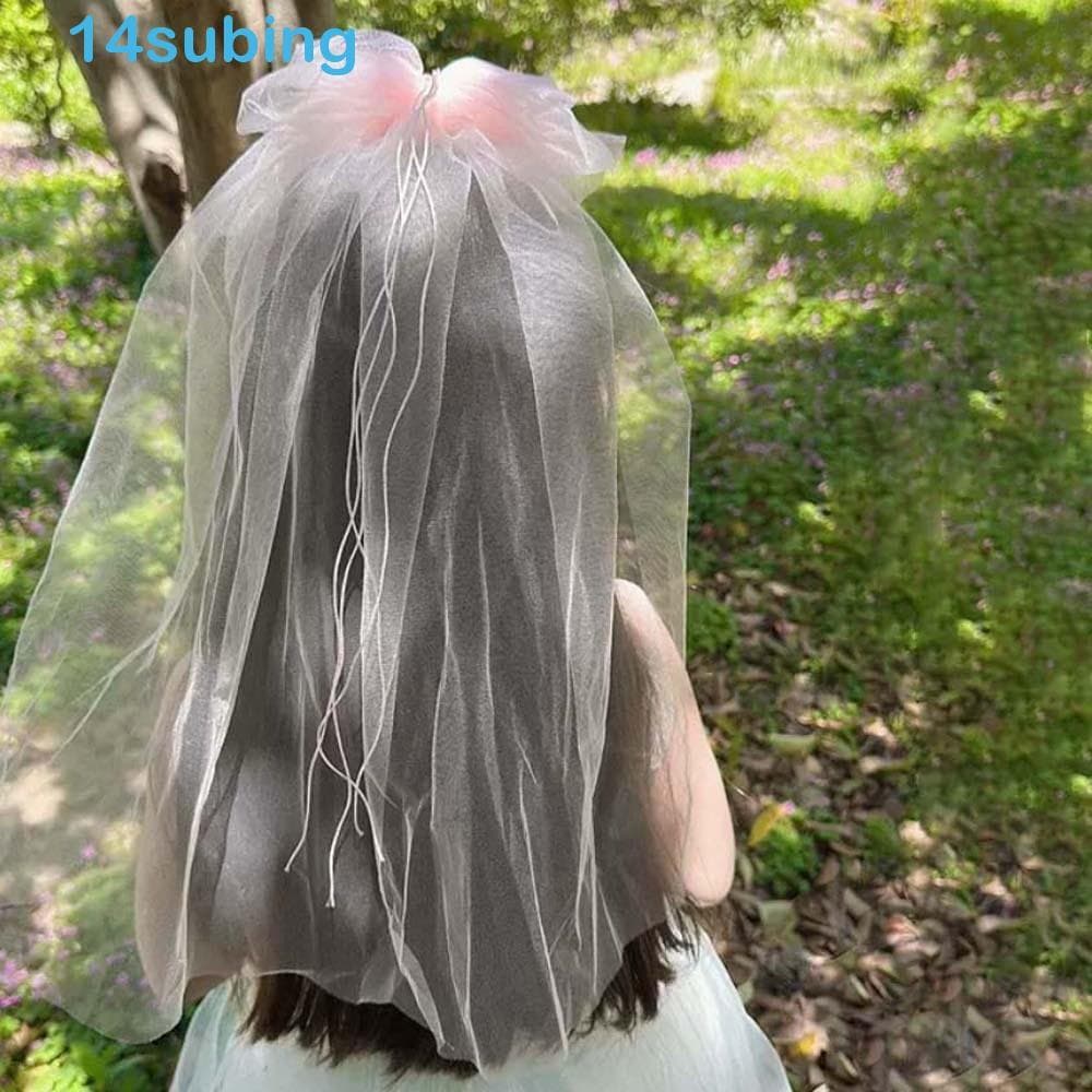 SUBING Gaze De Cabeça Para Meninas , Argola De Cabelo Com Véu De Laço Bege De Poliéster , Faixa Rosa Fluindo Adereços Fo
