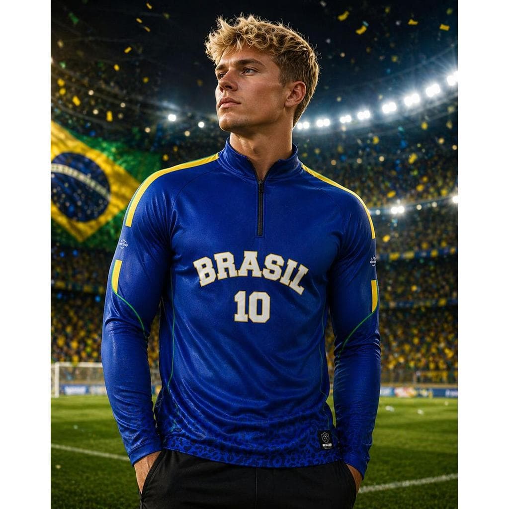 Camiseta Brasil Copa Azul Gola Zíper Proteção Solar UV - New Fisher - N58