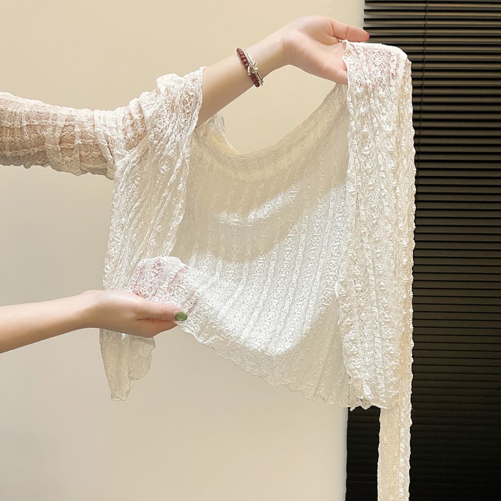 Textura ondulada de água branco gelo seda gaze protetor solar Cardigan feminino verão estilingue saia exterior xale rend