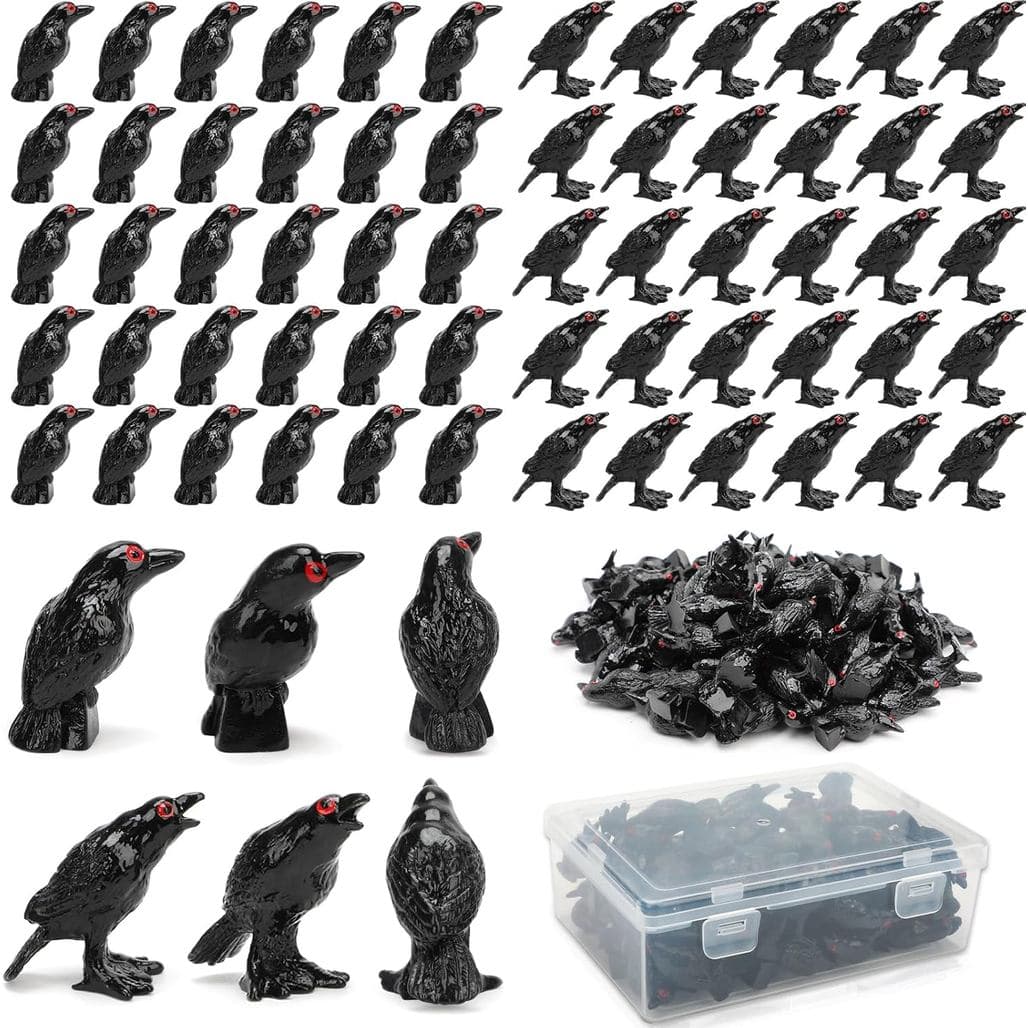 60 peças de mini corvos pretos decorativos, corvos falsos em resina em miniatura para decoração de Halloween, pequenos p