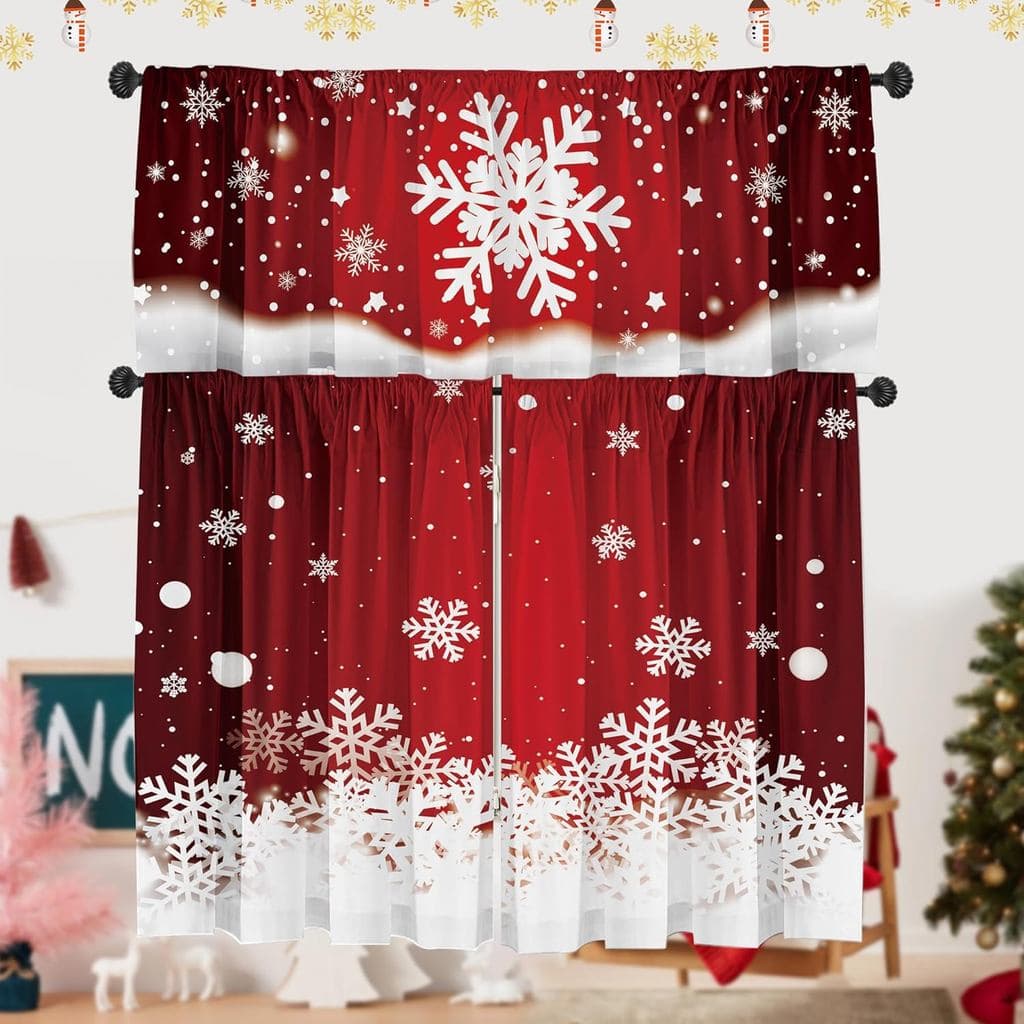 SUNWISHA Christmas Curtain Valances Set 52x18 & 36x26 inch Dreamy Red Snowflake Valance Holiday Inspired Decor for Winte