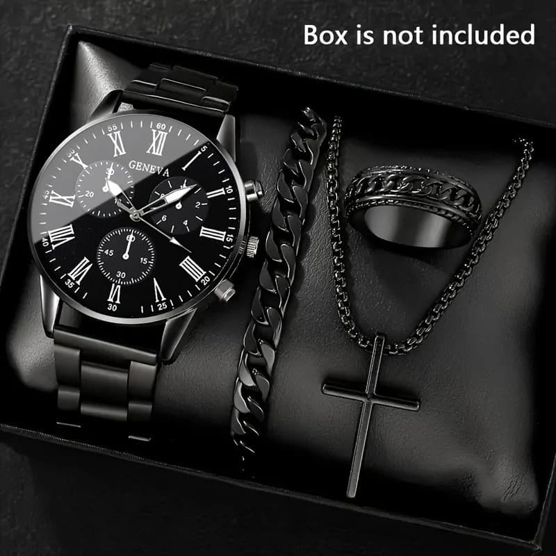 4 pçs/set novo estilo masculino conjunto de relógio azul agulha aço banda vidro relógio quartzo colar anel relógio mascu