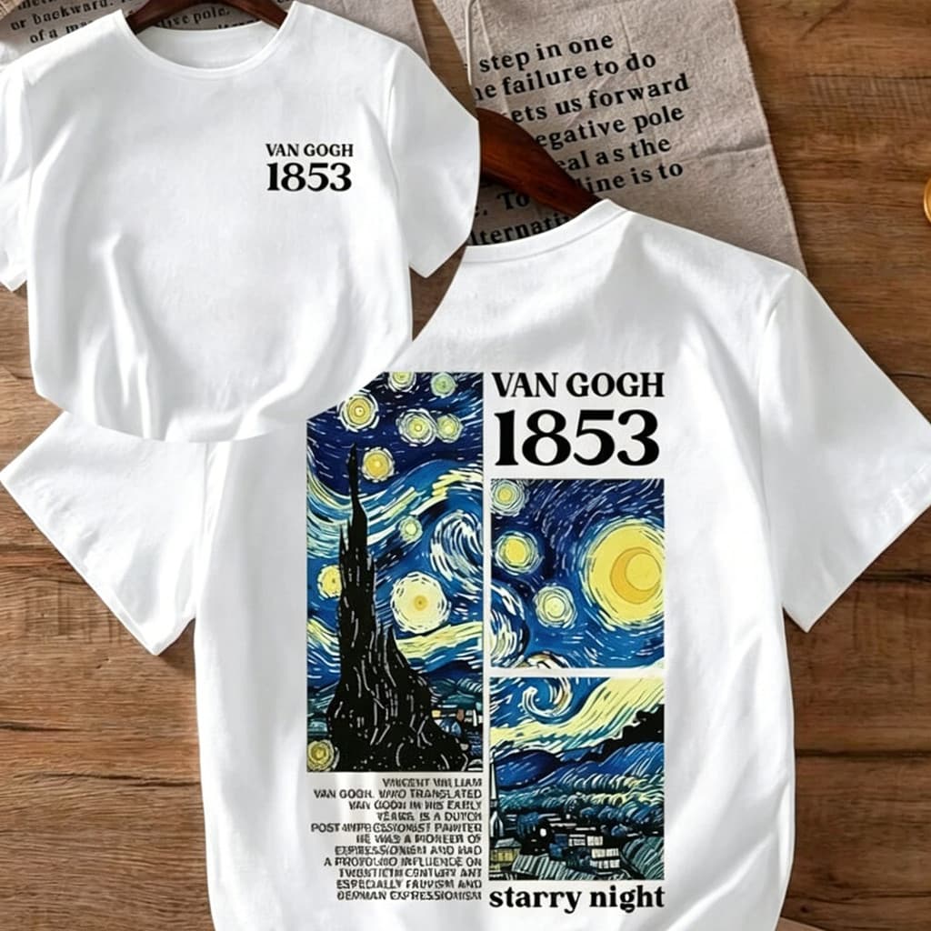 Camiseta Unissex de Algodão 100% Manga Curta Estampa Van Gogh Noite Estrelada Casual Confortável Oversized