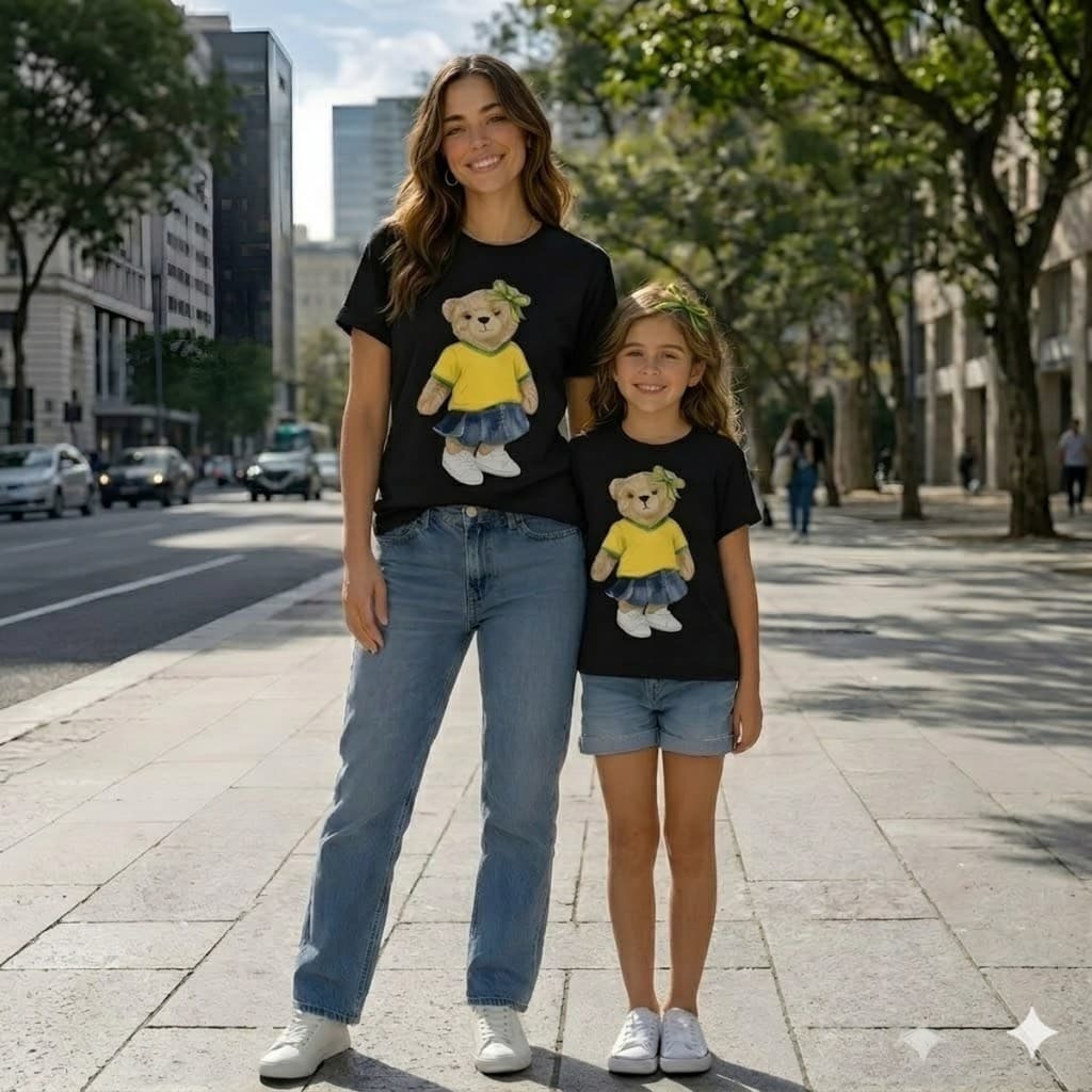 Kit Camiseta Mãe e Filha Urso Brasil Algodão Confortável Urso Brasil Look Combinando Fofo Copa do Mundo