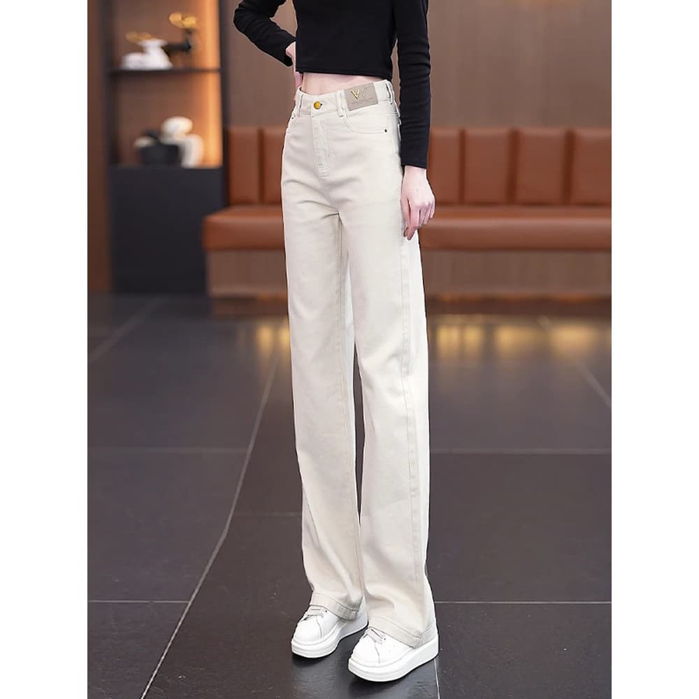 Venda quente leite cinza macio Denim calças retas femininas primavera outono 2025 novo estilo lavado algodão tornozelo c