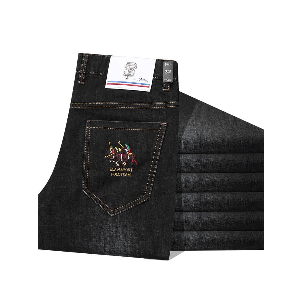 Calças de brim de alta qualidade calças masculinas high-end em linha reta calças casuais grossas Paul bordado calças elá