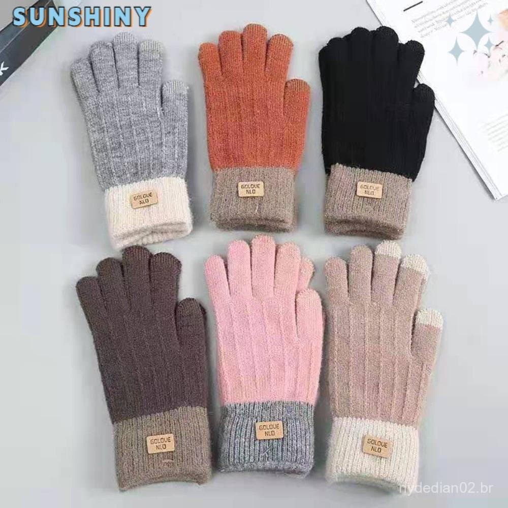 Luvas De Malha SUNSHINY , Inverno Espessadas Antiderrapantes Quentes De Cor Sólida Com Tela Sensível Ao Toque