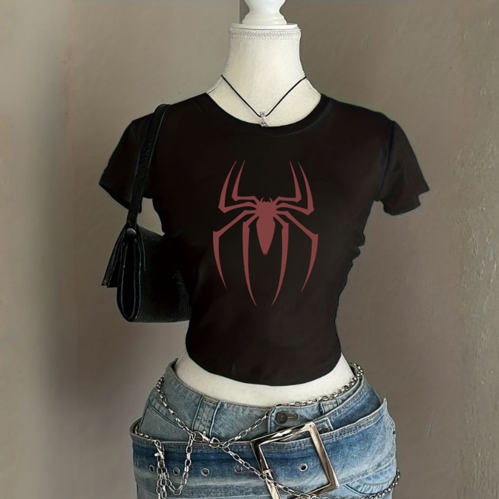 Blusa Cropped Algodão Aranha Spider Red Minimalista Moda Gotica