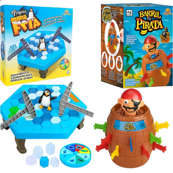 Kit com 2 Jogos Divertidos: Pula Pirata no Barril + Jogo do Pinguim Quebra-Gelo