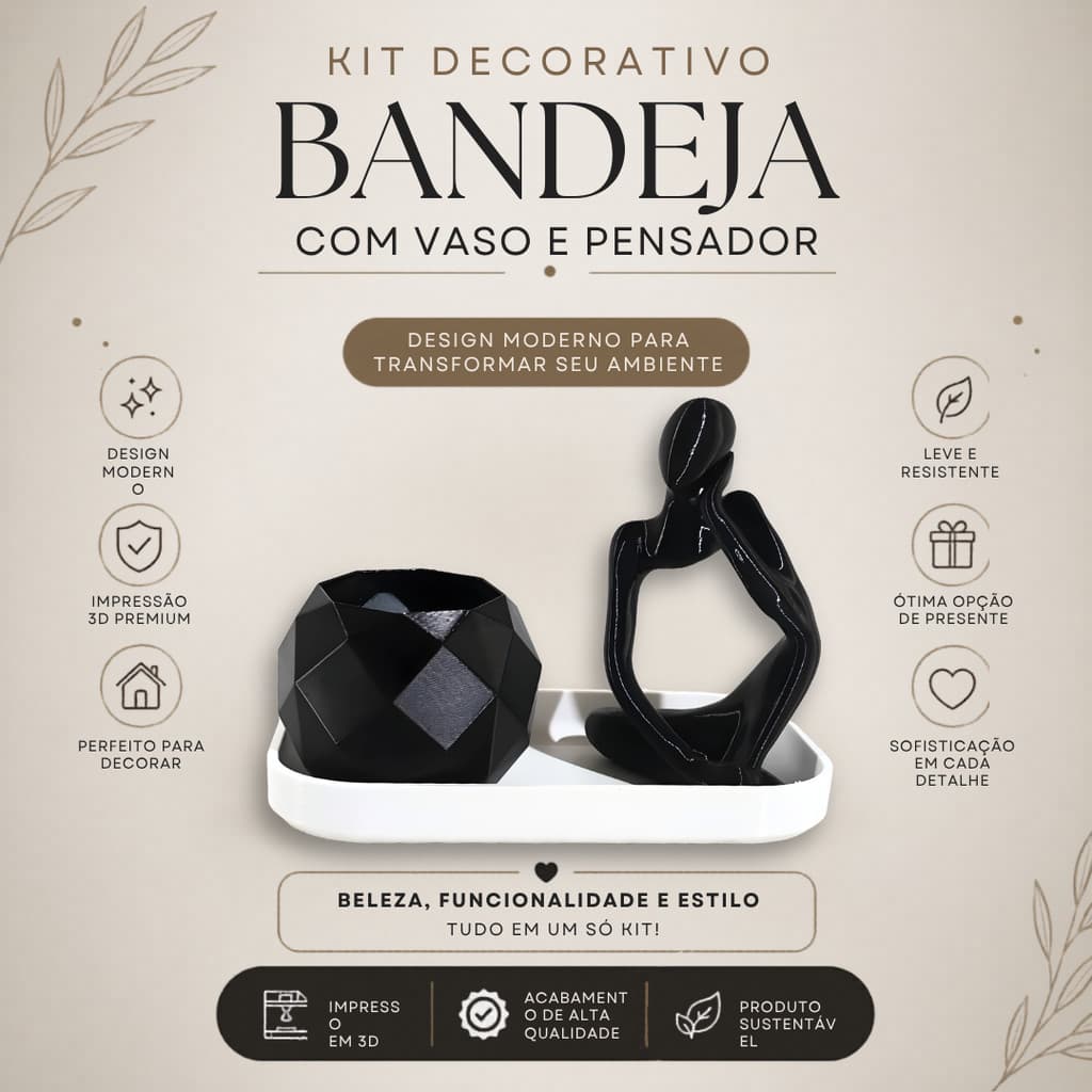 Kit Decorativo Bandeja Vaso Pensador Moderno Enfeite Decoração Casa Presente Estátuas Esculturas