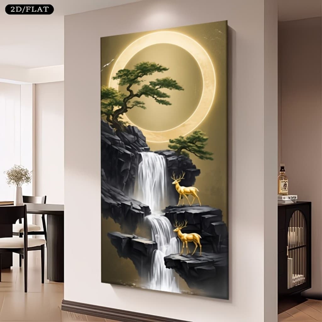 Quadro Decorativo Cachoeira, Cervos dourados Decor Sala,Quarto,Copa,consultório,escritório,hall