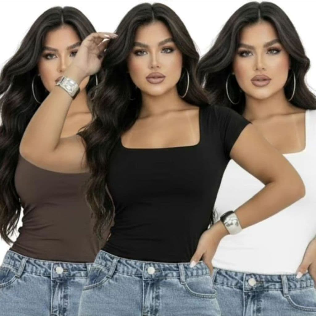 KIT 3 Blusa Suplex Feminina Decote Quadrado Básica Premium Elegante T-shirt Casual Segunda Pele