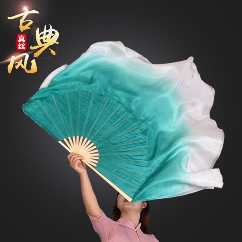 Leque de dança estilo chinês leque de dança malaquita verde gradiente dupla face leque de seda dança quadrada Yangko ade