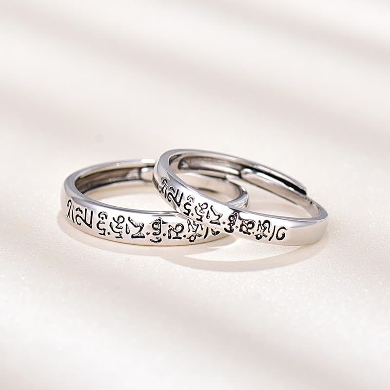 Anel de casal retrô de seis caracteres Mantra angustiado prata tailandesa estilo masculino feminino anel de casal abertu