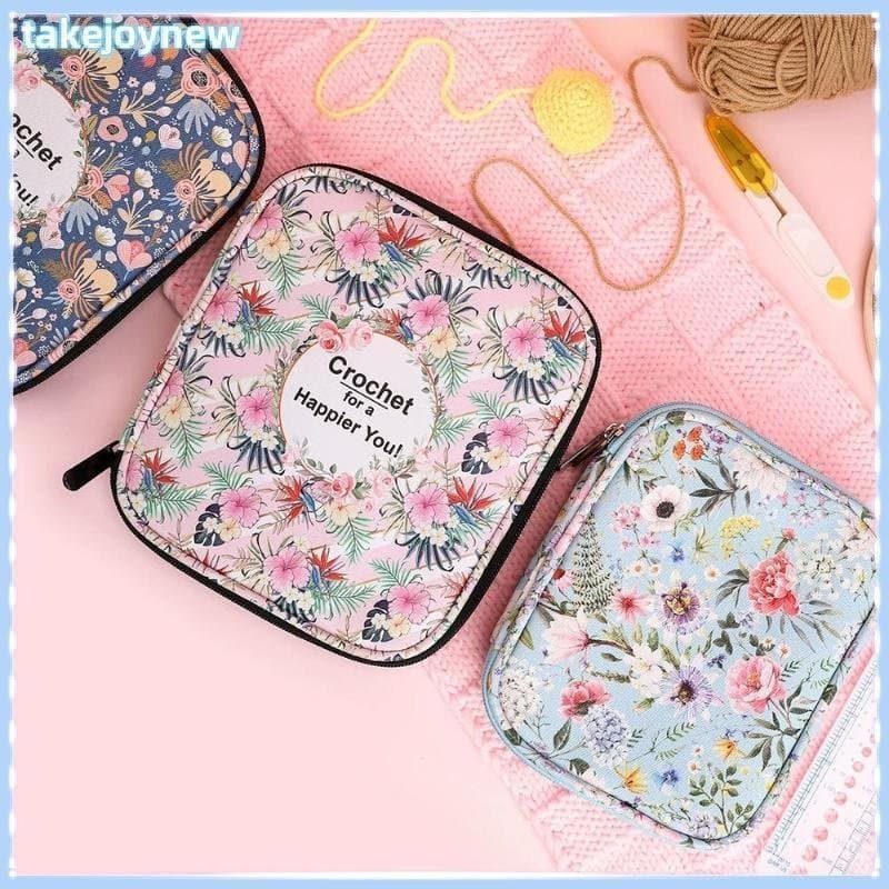 [takejoynewBR] Kit De Tricô Floral Manual , Bolsa De Armazenamento À Prova D'água Com Zíper De Gancho De Crochê De Impre