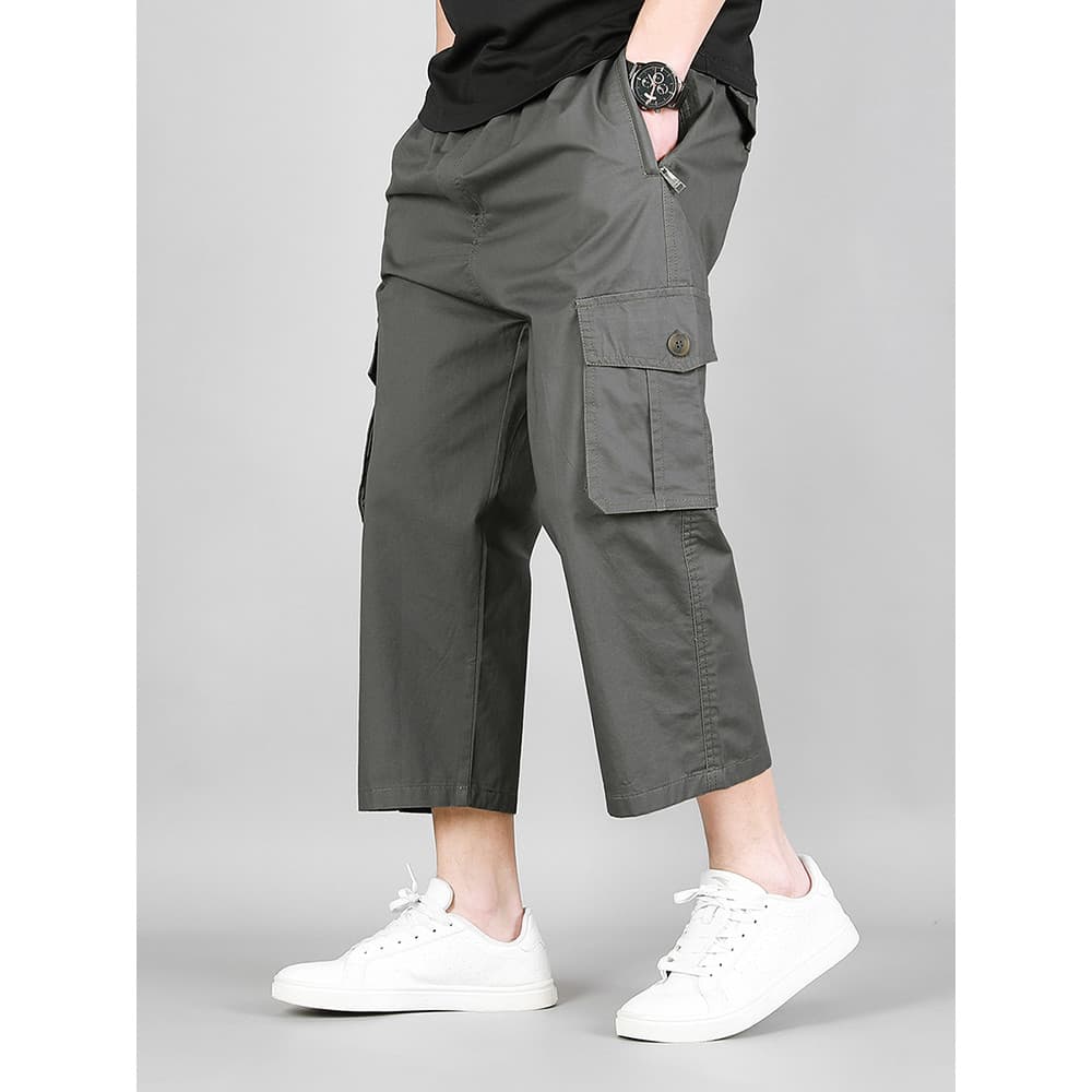 Verão novo produto Anti-perdido bolso com zíper estilo fino algodão puro sobre o joelho calças cortadas macacão masculin