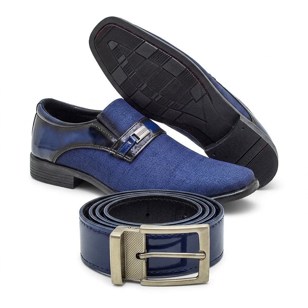 Kit Sapato Loafer Masculino Azul Verniz Cinto Social