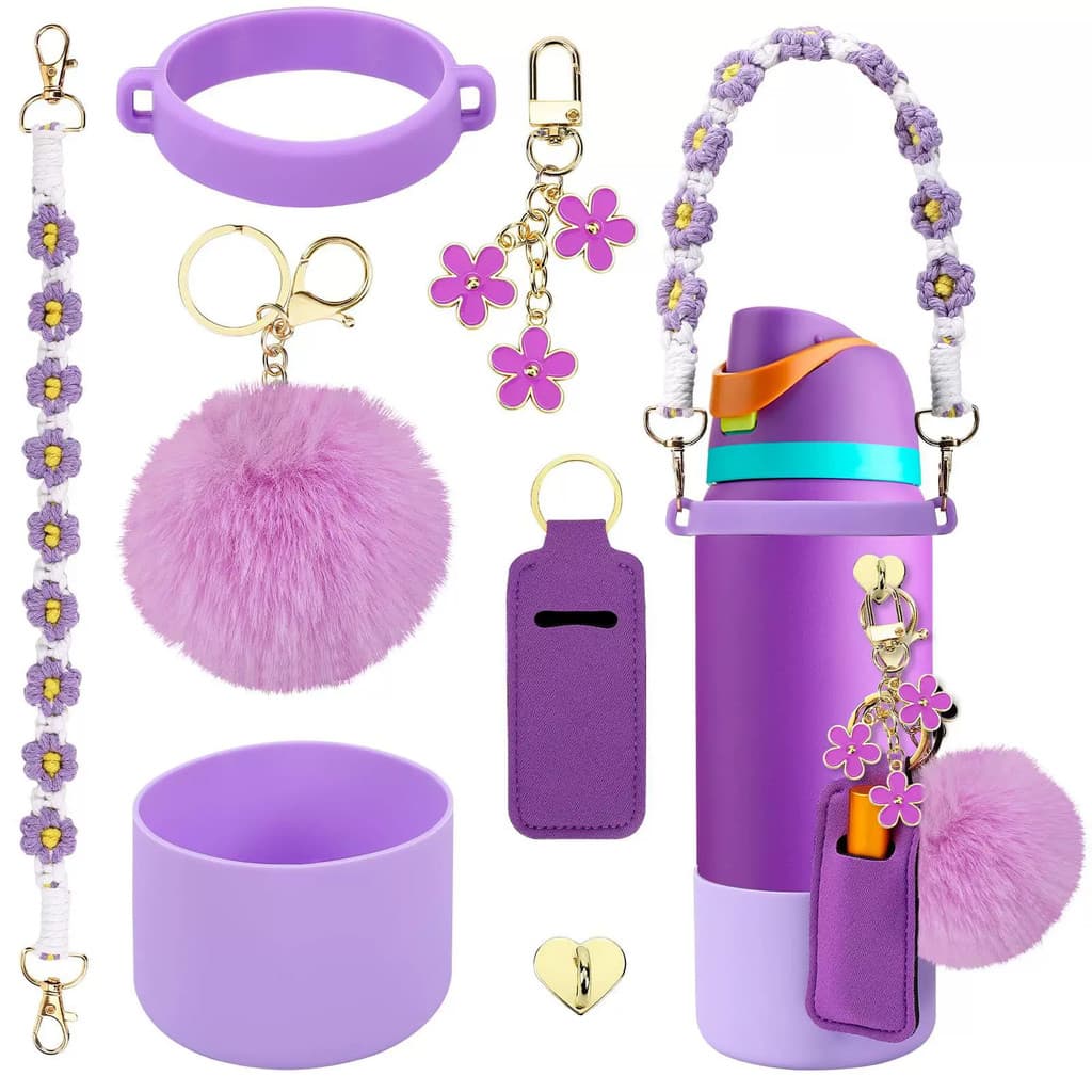 Kit de 7 Peças de Acessórios para Tumbler e Garrafa 24/32 Onças – Alças de Charme, Alça e Chaveiro