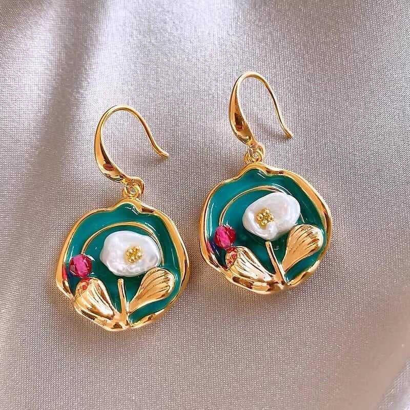 Monet jardim pintura a óleo estilo flor pérola brincos moda temperamento brincos estilo palácio luz luxo Retro arte brin