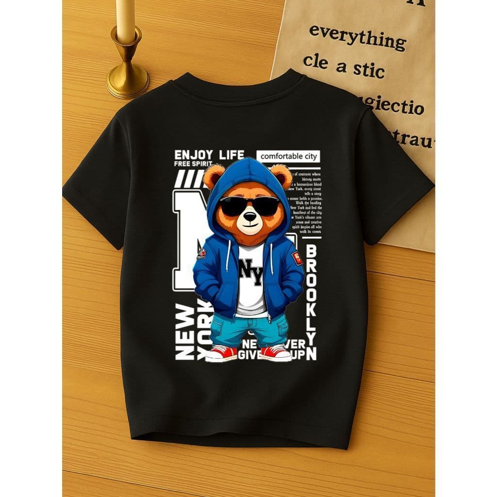 Camiseta Infantil Masculina Urso Enjoy 100% Algodão – Confortável, Estampa Divertida, Manga Curta, Uso Diário