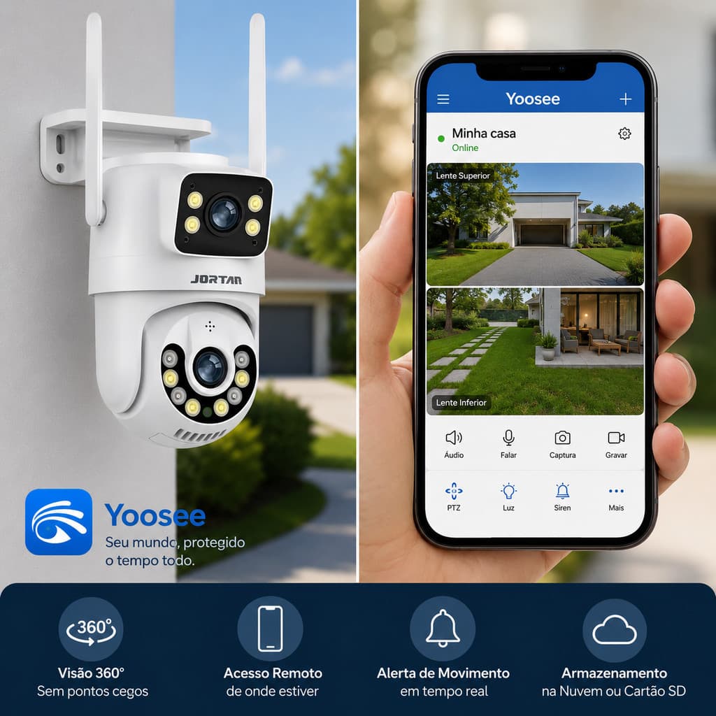 Câmera Segurança WiFi Dupla Lente 4MP PTZ Visão Noturna App Yoosee Externa Full HD