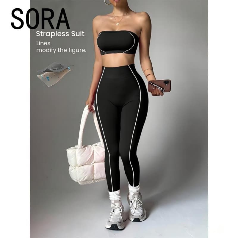 Conjunto de yoga popular para mulheres, top bustier com blocos de cor, calças compridas justas com efeito modelador, rou