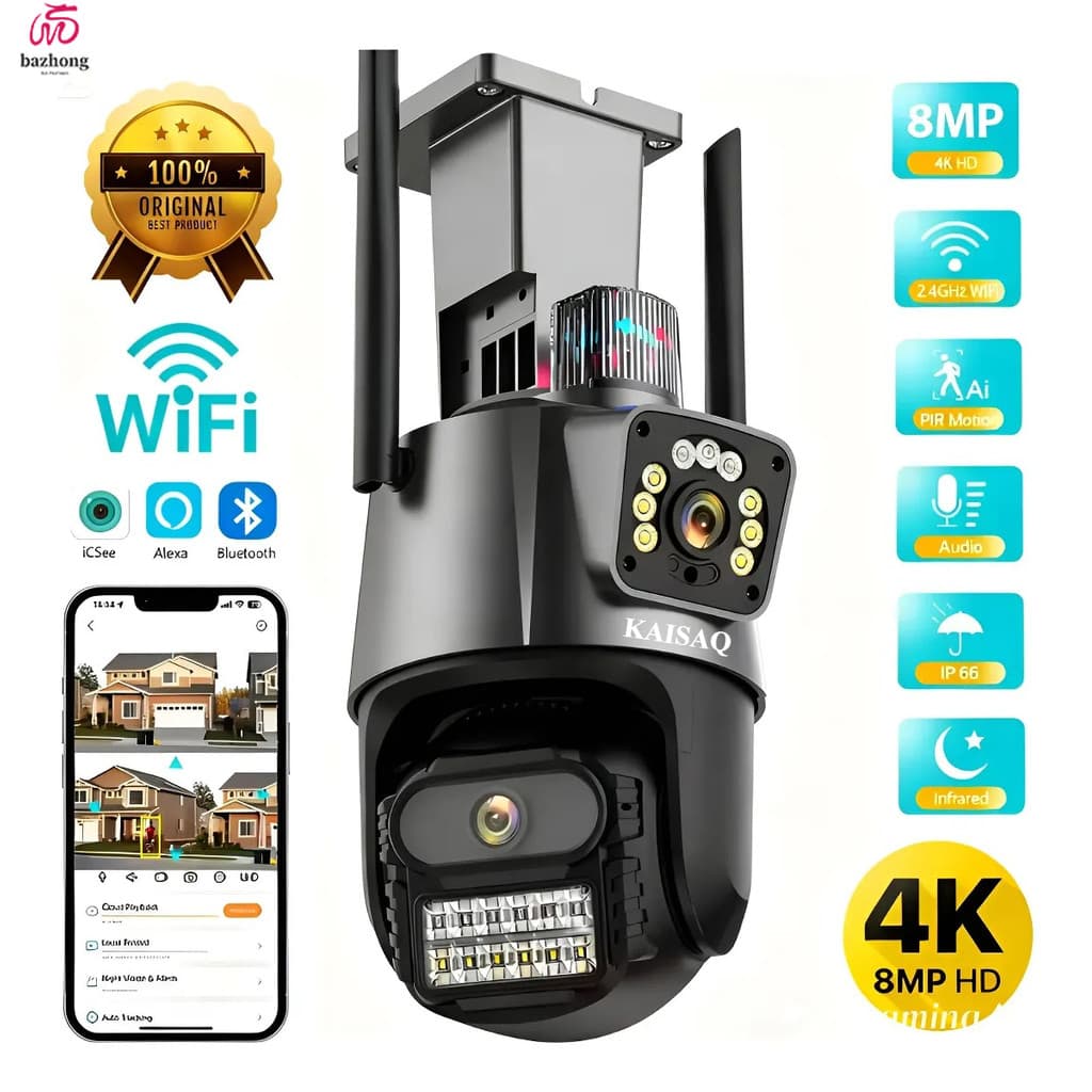 Câmera Externa Segurança 4k Led Lente Dupla Sirene Policial Cor Cinza Preto