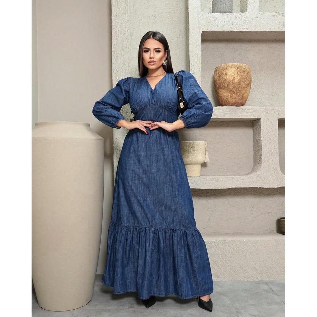 Vestido Jeans Longa Feminina Com Manga Longa Lançamento Elegante  Sensual  Bainha Com Babado  Franzido