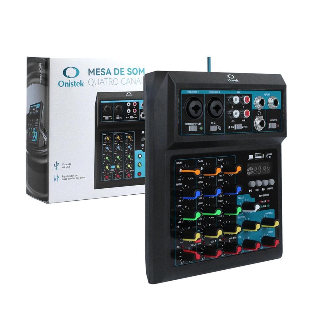 Mesa De Som 4 Canais Profissional Phantom Power 48V USB Bivolt Podcast Interface Gravação Efeitos Reverb Delay