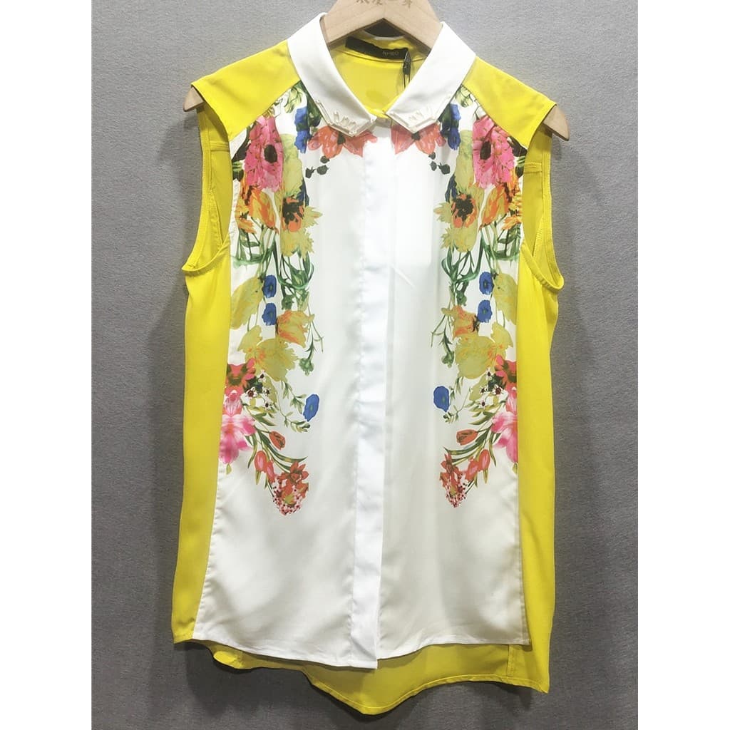 R RMEO Camisa romântica de uma peça pintada à mão com flores femininas Slim Fit elegante aparência mais fina sem mangas